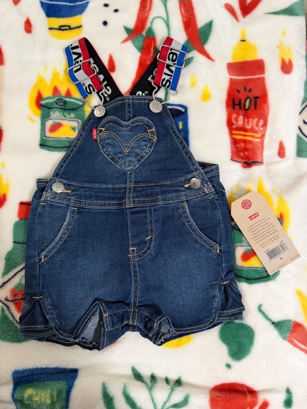 Levi's Dark Blue Denim Heart-Pocket Toddler Overalls with Logo Straps 6M